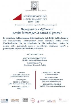 Locandina seminario Uguaglianze e differenze 8 marzo 2021 Locandina seminario "Uguaglianze e differenze: perché lottare per la parità di genere?" 8 marzo 2021